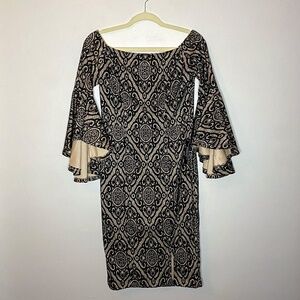 Venus Black/Ivory Bell-Sleeve Midi Dress